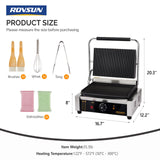 ROVSUN 811E Commercial Panini Press Grill, 2200W Stainless Steel Electric Countertop Sandwich Maker with Adjustable Temp 122°F–572°F, For Steak, Burgers, Home & Restaurant Use, 110V, Silver