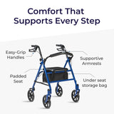 Drive Medical Rollator Walker with Seat - Stable Mobility Support - Height Adjustable - Durable Steel Frame Construction - Smooth 7.5" Wheels - Foldable - 350 Lb Limit - Blue