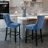 MOOLSUN Set of 4 Blue Velvet Bar Stools - Classic Fixed Height Design with Button Tufted Seat, Solid Wood Frame & Chrome Nailheads, Perfect for Standard Kitchen Island & Home Bar,Blue(Wood Leg)