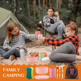 LemonRoad 32 Pcs/4 Sets Camping Dinnerwares, 4 Person Camping Mess Kit with Plastic Plates Bowls Cups and Stainless Steel Cutlery Set for Family Rv Hiking Picnic Outdoor