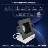LUXRITE 4 Inch Square LED Recessed Ceiling Light with J-Box, CRI90, 12W, 5CCT Selectable 2700K-5000K, 840 Lumens, Dimmable Canless Downlight, Wet Rated, IC Rated, ETL, Black Trim (12 Pack)