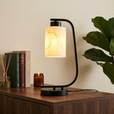 Mieloxiy Modern Industrial Table Lamp, Marble Pattern Glass Shade Desk Lamp with C-Shaped Black Metal Base, Bedside Nightstand Lamp for Bedroom, Living Room, Office, E26 Base