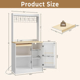 IRONCK Bakers Rack with Pull Out Shelf and Power Outlet, Microwave Stand with Adjustable Shelves & 5 Hooks, Barn Doors, Kitchen Pantry Coffee Bar Cabinet for Kitchen Dining Room, White