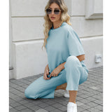 SeeLuNa Women's Two Piece Outfits 3/4 Batwing Sleeve Capelet Crew Neck Pullover Top Wide Leg Pants Lounge Set(Blue-Green,S)