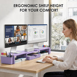OPNICE Desk Organizers and Accessories, Dual Monitor Stand Riser with Drawer and 2 Pen Holders, Desk Shelf Computer Racks & Printer Stand for Office Workspace Organizers, Desktop Organization (Purple)