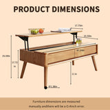 WuerQi 47.24" Lift Top Solid Wood Coffee Table with Storage Drawers & Hidden Compartment, Natural Wood Coffee Table for Living Room, Large Pop-Up Center Table for Home Office, Easy Assembly