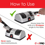 ELECTRIC KITCHEN KNIFE SHARPENER AND POLISHING SYSTEM by CHEF PRO, 2-Stage Sharpening, Compact And Easy-to-Use Design, Suction Cup Bottom and Easy Cleaning, Black-Silver