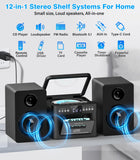 Greadio Stereo System for Home with Boombox CD and Cassette Player Combo, 40W Home Stereo System with Bluetooth, FM Radio/USB/TF/AUX/Remote Control, Detachable Wooden Bookshelf Speakers