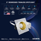 LUXRITE 3-Inch LED Trimless Recessed Spotlight with Brass Reflector Trim Replacement 15W, 1100LM, 2700K-5000K, 60° Beam Angle, Dimmable, Push-n-Lock, CRI90, Damp & IC Rated, ETL White + Brass (4 Pack)