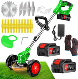 21V Cordless Weed Wacker with Wheels, 3-in-1 Electric String Trimmer, Lawn Edger & Brush Cutter, Includes 2x2.0Ah Batteries & 3 Blades, Lightweight Adjustable Trimmer for Thick Weeds & Small Yards