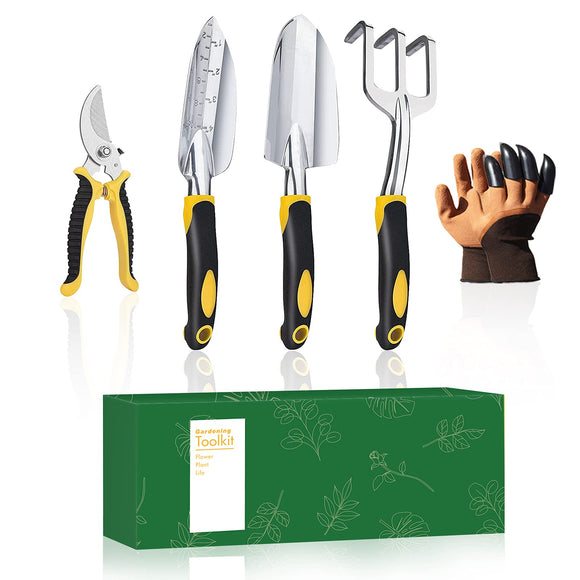 Heavy Duty Gardening Tool Set with Non-Slip Rubber Grip, 5 Pcs Growing Tools Hand Trowel, Hand Rake, Hand Shovel