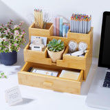 Charmlife Bamboo Desk Organizer - Countertop Drawers Organizer Tabletop Storage Organization Makeup & Pen Storage with Drawer & Pencil Holder for Office Organization