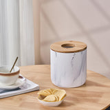 Polytree Marble White Mini Trash Can with Bamboo Lid,Small Countertop Trash Can,Desk Trash Can,Table top Mini Garbage Cans,Resin Tiny Waste Basket