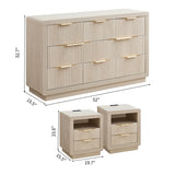 YANSNWO Modern Fluted Dresser and Nightstand Sets, Including 52" W 8 Drawer Dresser and Nightstands Set of 2 with Drawer & Charging Station, Bedroom Set for Home, White Alder