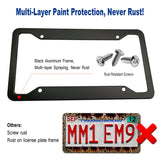 BGGTMO Matte Black Aluminum License Plate Frames- 2 Pack Heavy Duty Car Tag Cover for Front & Rear, 4 Hole Rust Proof Universal Holder, Mount Screws Caps, Inserts, Rattle Proof Pads