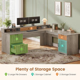 L Shaped Desk with Drawers, Farmhouse Corner Computer Desk, Wood Office Desk with File Drawers with Storage