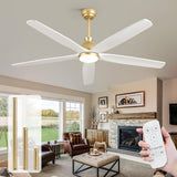 60 Inch White Ceiling Fan with Light, Gold Brass Finish,5 Solid Wood Blades