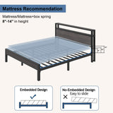 HAY Full Size Bed Frame with 2-Tier Storage Headboard, Metal Platform Bed with Charging Station and LED Light, Metal Support, Noise Free, No Box Spring Needed, Grey