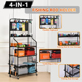 Lezbanz Heavy Duty Fishing Rod Holder, Fishing Organizer for Garage Up to 15 Rods with Hooks and Wheels, 4-Tier Fishing Rod Rack for Large Tackle Box and Reel Organization