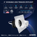 LUXRITE 4-Inch Trimless Recessed LED Spotlight, Regressed Zoomable Push-N-Lock, 5CCT 2700K-5000K, 2100 Lumens, 25W, Dual Dimmable, Adjustable 24°–50° Beam Angle, IC & Damp Rated, ETL Listed (4-Pack)