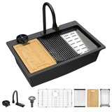 Lordear Granite Composite Kitchen Sink With Waterfall Faucet 33x22 Inch Drop In Kitchen Sinks Black Quartz Single Bowl Multifunctional Workstation Topmount Sink