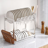 LIZWETEC Dish Drying Rack, Double Layered countertop Kitchen Organizer with Drainage Large Bowl Rack and Storage Rack with Drainage Board (Silver Upgraded Version)