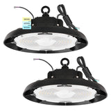 LUXRITE 100/120/150W UFO High Bay LED Shop Lights, Up to 22500 Lumens, 3CCT 3500K-5000K, 5FT Hardwire Cable, Surge Protected, IP65, 120-277V, UL - Warehouse Gym Factory Commercial Lighting 2-Pack