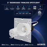 LUXRITE 2 Inch Trimless LED Recessed Lighting, 12W, 1100LM, 5CCT 2700K-5000K, 60° Beam Angle, Dimmable, Push-n-Lock Spotlight, CRI 90, Damp & IC Rated, Plaster Downlight, ETL (6 Count (Pack of 1))