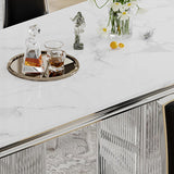 Maotifeys White Marble Dining Table for 6 Modern Luxury Faux Marble Kitchen Table for 4-6,68" Large Dining Room Tables with Columnar-Shape Silver Stainless Steel Base