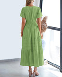 BTFBM Womens Summer 2026 Casual Midi Maxi Dresses Lightweight Short Sleeve V Neck Elastic Waist Boho Beach Dress Pockets(Green, Small)