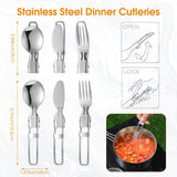 Funnymoom 14 Piece Camp Cooking Set, Stainless Steel Camping Cookware with Pot and Pan Kit 2 Set Stainless Steel Cups Plates Forks Knives Spoons for Camping, Backpacking, Outdoor Cooking and Picnic
