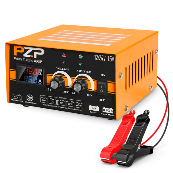 PZ.P 12V 24V Manual Battery Charger Maintainer, 0 to 15A Arbitrarily Adjustable Car Battery Trickle Charger PZ.P