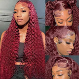 KRKRYQ 36 Inch 99J Burgundy 13x6 Lace Front Wigs Human Hair Red Burgundy Wig 200% Density Deep Wave Lace Front Wigs Human Hair Pre Plucked Glueless Deep Curly Wigs for Women