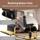 Felivine Reclining Barber Chair, Heavy Duty Hydraulic Barber Chair for Barbershop, Barber Salon Chairs with Vertical Stitch PU Leather, Adjustable Headrest & Footrest, 360° Swivel, Black and Gold