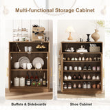 HOKYHOKY Set of 2 Rattan Shoe Storage Cabinet with 2 Arched Doors, 5-Tier Wood Shoe Organizer with Adjustable Shelves, Farmhouse Boho Shoe Rack Cabinet for Entryway,Rustic Oak