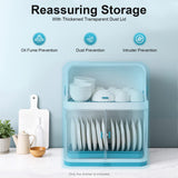 dunghLin 2 Tier Dish Drying Rack with Lid Cover, Drying Rack Storage Case with Drain Board, Kitchen Countertop Dish Organizer for Plates, Bowls, Spoons, Forks