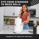 Stainless Steel Tension Arm Paper Towel Holder - Easy One-Handed Operation - This Sturdy Weighted Paper Towel Dispenser Countertop Model Has Suction Cups and Holds All Paper Towel Rolls (White)