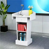 Conference Lectern, Classroom Podium Stand, Wooden Pulpit,White,+Drawer