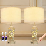 26.3’’ Dimmable Table Lamp, 3 Color Temperatures, Stepless Dimming, Hollow Out Resin Bedroom Lamps with USB Ports, Rustic Lamps Set of 2, Wash White Farmhouse Lamps for Living Room(Bulbs Included)