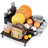 Urackify Dish Rack for Kitchen Counter, 304 Stainless Steel Dish Drying Rack, Expandable Dish Drainer, Foldable Dish Strainer with Cutlery Holder, Kitchen Plate Rack (Black, Large Size)
