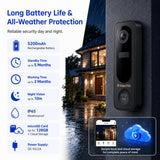 Zoomcritter Wireless Video Doorbell Camera, 2K 3MP HD Doorbell Camera with PIR Motion Detection, Two-Way Audio, Night Vision, Battery Powered, 2.4GHz WiFi, IP65 Weatherproof, Black