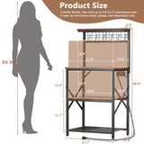 Furologee Kitchen Bakers Rack with Power Outlet, Microwave Oven Stand with Storage 4 Tiers, Coffee Bar Table with 6 S Hooks, Kitchen Storage Shelf Rack for Spices, Pots, Rustic Brown