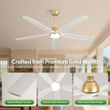 60 Inch White Ceiling Fan with Light, Gold Brass Finish,5 Solid Wood Blades