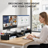 OPNICE Desk Organizers and Accessories, Dual Monitor Stand Riser with Drawer and 2 Pen Holders, Desk Shelf Computer Racks & Printer Stand for Office Workspace Organizers, Desktop Organization (Black)