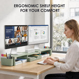 OPNICE Desk Organizers and Accessories, Dual Monitor Stand Riser with Drawer and 2 Pen Holders, Desk Shelf Computer Racks & Printer Stand for Office Workspace Organizers, Desktop Organization (Sage Green)
