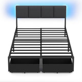 Furnulem Full Size Bed Frame with Headboard, Upholstered Full Bed Frame with LED Light, USB Charging Station, Platform Bedframe with 2 Fabric Underbed Storage Drawers, No Spring Box Needed
