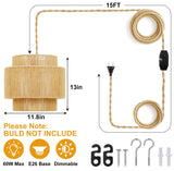 Sinvic Boho Plug in Pendant Light Dimmable Switch, Wicker Hangings Lights with Plug in Cord 14.7ft Hemp Rope, Rattan Lampshade Hanging Pendant Light, Jute Hanging Lamp for Kitchen Dining Room Bedroom