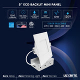 LUXRITE 5 Inch LED Recessed Light, ECO Backlit Mini Panel Spotlight, 5CCT 2700K-5000K, 1200 Lumens, High Output, 13 Watts, Dimmable, IC Rated, Wet Rated, ETL Listed, Energy Star, Square (24 Pack)
