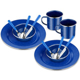 Nuogo 12 Pcs Enamel Camping Tableware Set Dinnerware Kit Includes 12 oz Coffee Mugs Camping Plates Bowls and Utensils Set with Knife Fork Spoon for 2 People Hiking Picnic Outdoor(Blue)