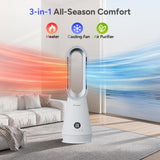 Faryuan 3-in-1 Heater Fan Combo, 22" Bladeless Tower Fan with Air Purifier, 90° Oscillating Fast Heating & Cooling, Remote Control, Quiet Portable for Bedroom Home Office, White